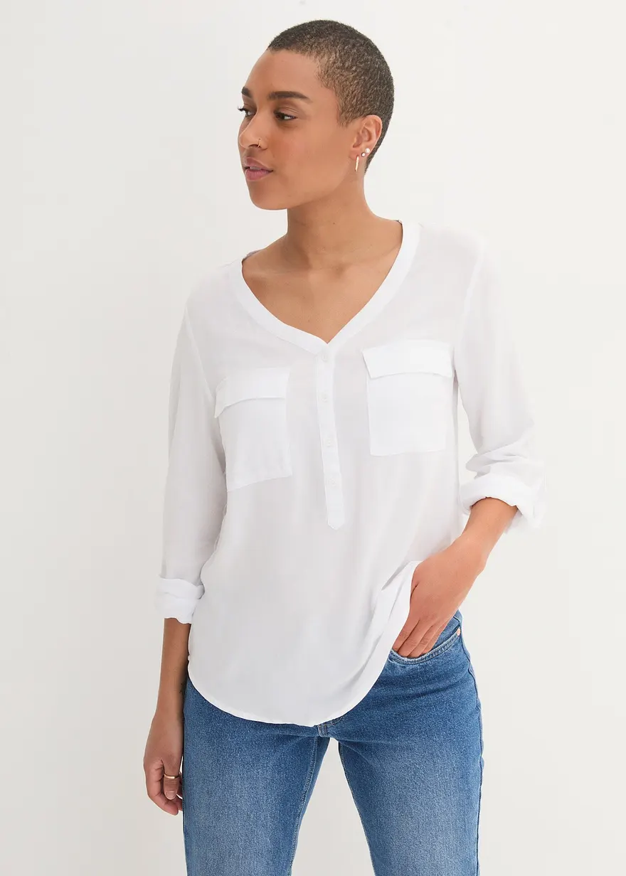 Bonprix Figurschmeichelnde Bluse Mit Ärmeln Zum Krempeln - Weiß