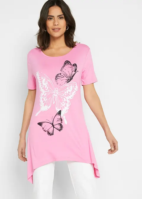 Bonprix Figurumspeilendes Longshirt Mit Zipfeln Und Print - Pink - Damen