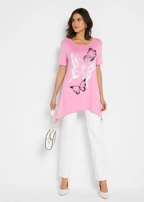 Bonprix Figurumspeilendes Longshirt Mit Zipfeln Und Print - Pink - Damen