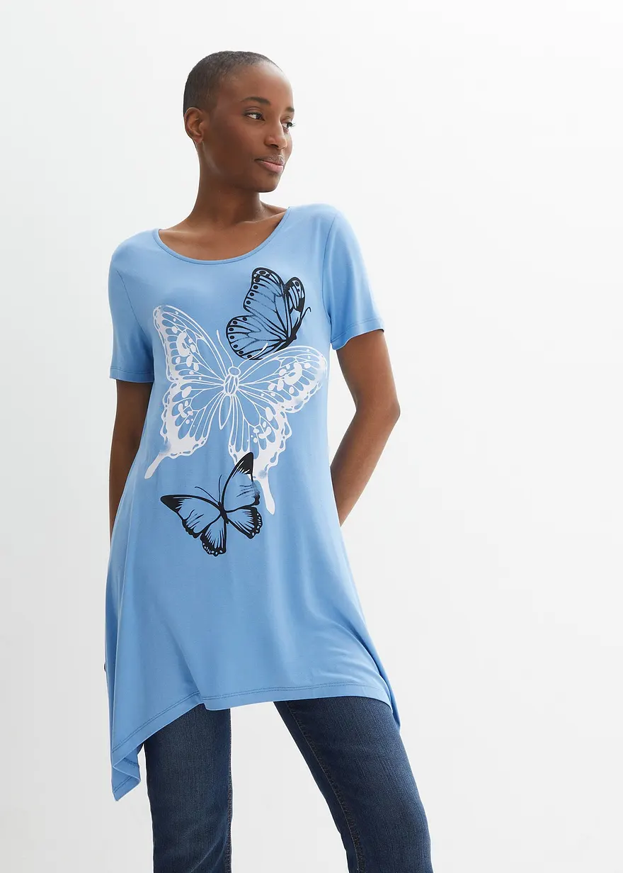 Bonprix Figurumspeilendes Longshirt Mit Zipfeln Und Print - Blau - Damen