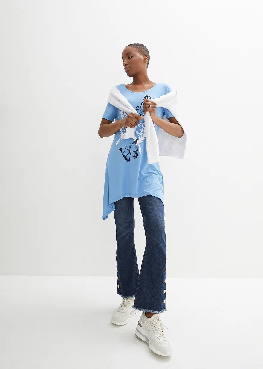 Bonprix Figurumspeilendes Longshirt Mit Zipfeln Und Print - Blau - Damen
