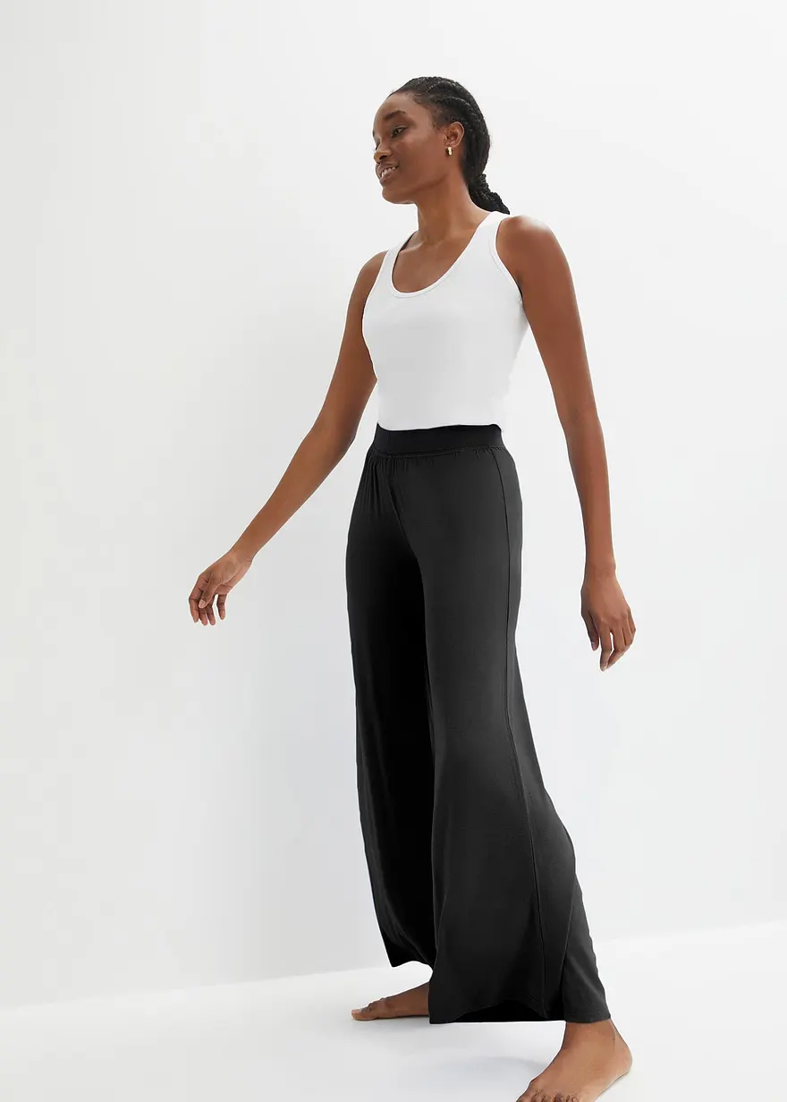 Bonprix Fließende Loungehose Mit Weitem Bein Und Bindeband - Schwarz