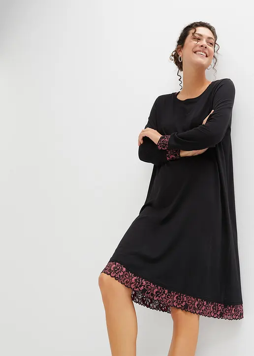 Bonprix Fließendes Nachtkleid Mit Dekorativer Spitze - Schwarz