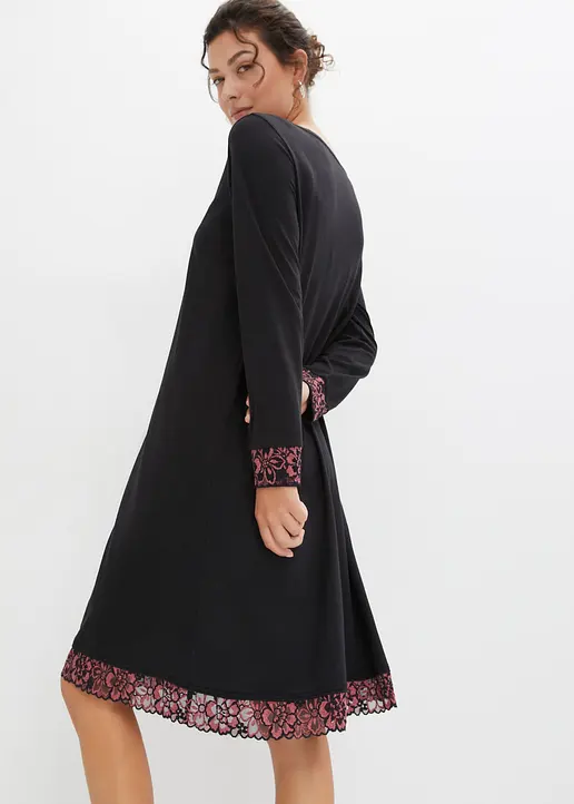 Bonprix Fließendes Nachtkleid Mit Dekorativer Spitze - Schwarz