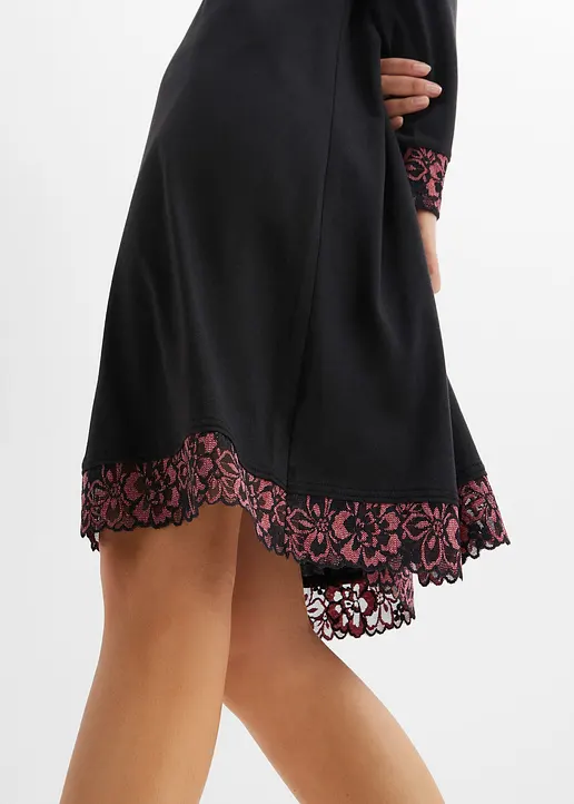 Bonprix Fließendes Nachtkleid Mit Dekorativer Spitze - Schwarz