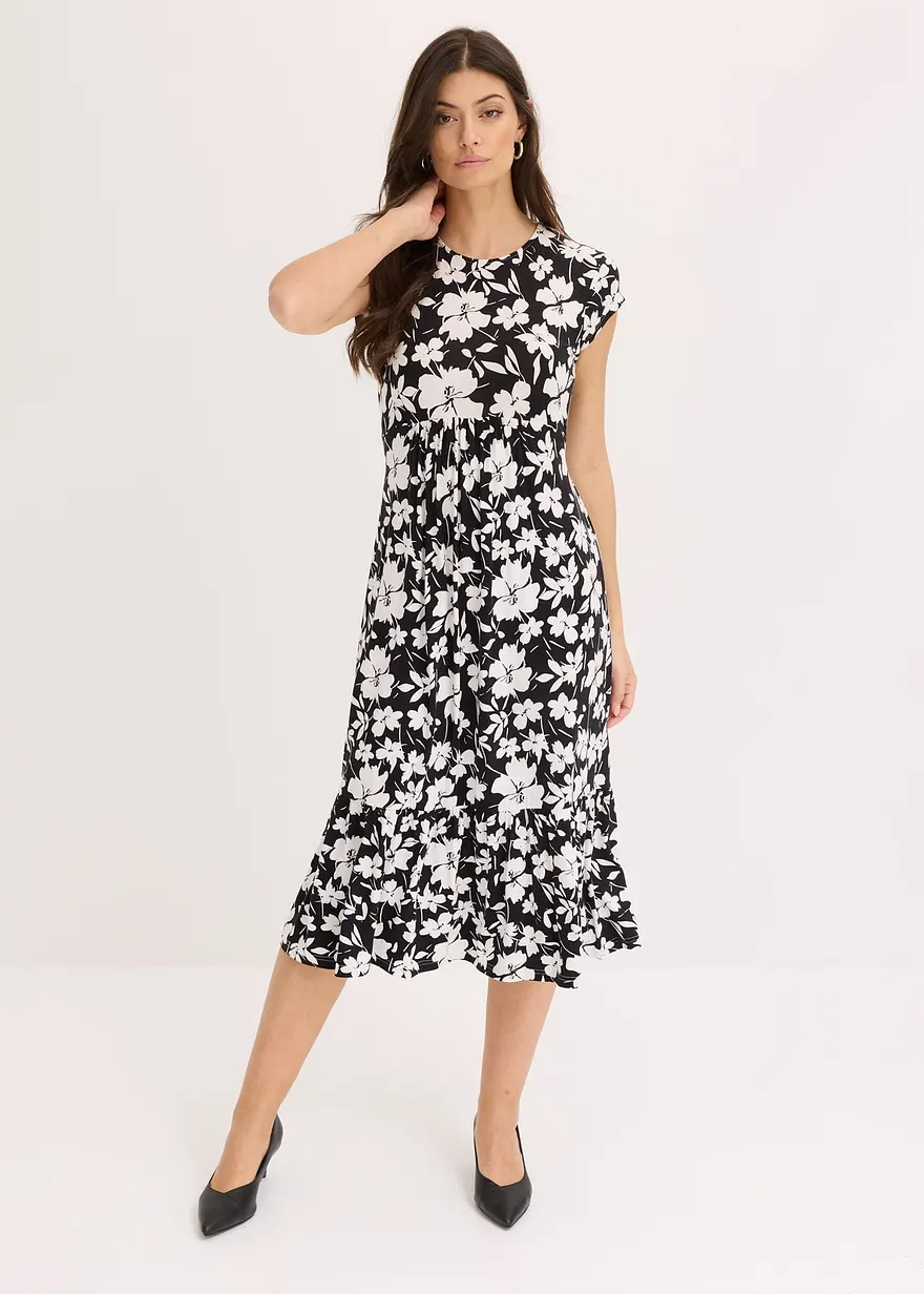 Bonprix Floral Bedrucktes Jerseykleid Mit Kurzem Arm - Weiß