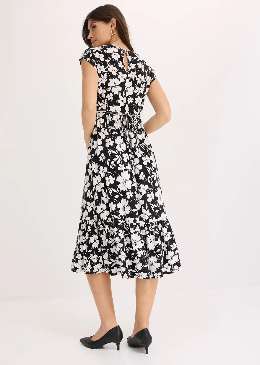 Bonprix Floral Bedrucktes Jerseykleid Mit Kurzem Arm - Weiß