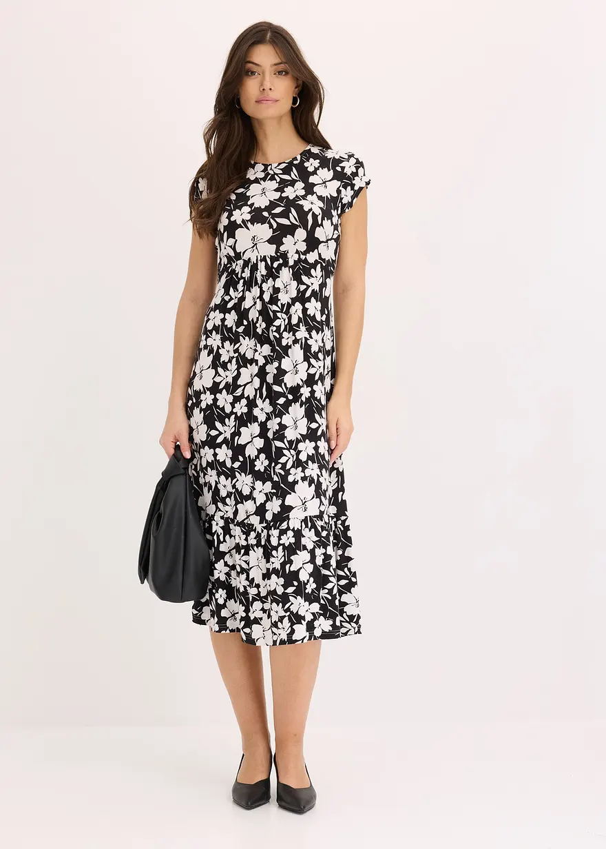 Bonprix Floral Bedrucktes Jerseykleid Mit Kurzem Arm - Weiß
