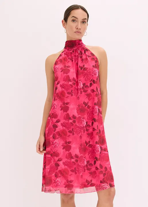 Bonprix Floral Bedrucktes Kurzes Kleid Aus Softem Mesh Mit Knopfverschluss Hinten Am Ausschnitt