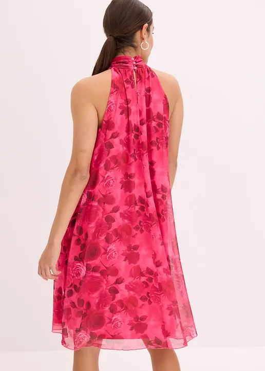 Bonprix Floral Bedrucktes Kurzes Kleid Aus Softem Mesh Mit Knopfverschluss Hinten Am Ausschnitt