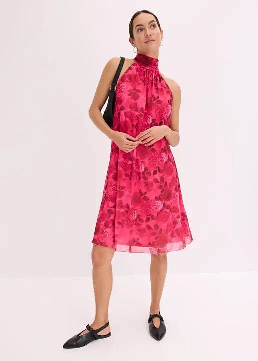 Bonprix Floral Bedrucktes Kurzes Kleid Aus Softem Mesh Mit Knopfverschluss Hinten Am Ausschnitt