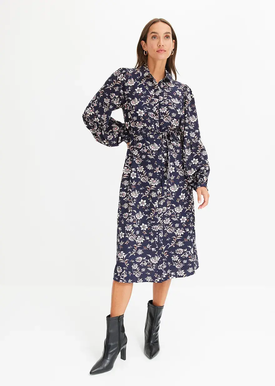 Bonprix Floral Bedrucktes Midikleid Mit Knopfleiste Vorne. - Blau - Damen