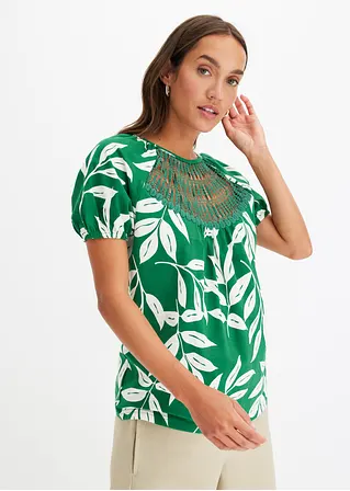 Bonprix Floral Bedrucktes Shirt Mit Spitzen-Einsatz Vorne Am Ausschnitt Und Kleinen Puffärmeln