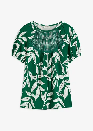 bonprix floral bedrucktes Shirt mit Spitzen-Einsatz vorne am Ausschnitt und kleinen Puffärmeln