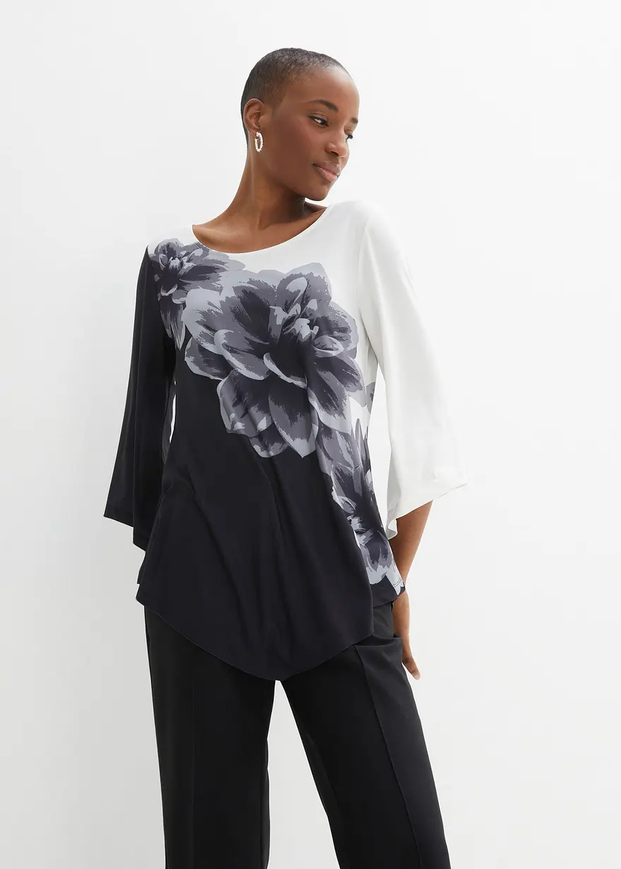 Bonprix Frühlingshafte Shirt-Tunika Mit Spitz Zulaufendem Saumen Und Blumenmuster