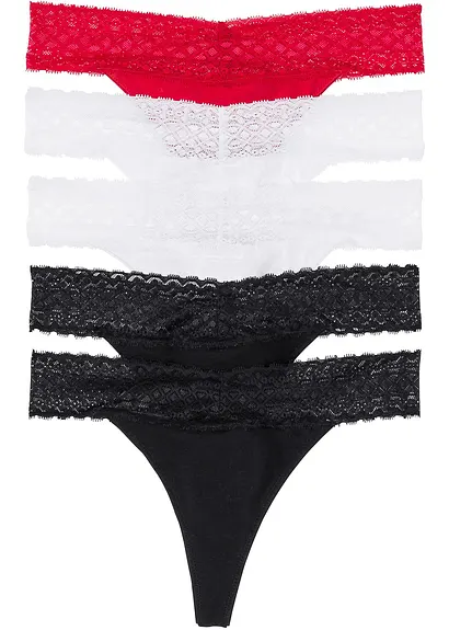 bonprix Fünf bequeme Strings mit feiner Spitze - schwarz + weiß + rot
