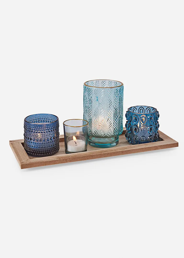 bonprix Für gemütliche Stunden - Teelichtgläser auf Holztablett - blau