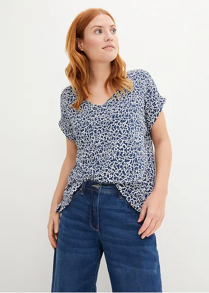 Bonprix Gemustertes Shirt Aus Viskose Mit V-Ausschnitt - Blau