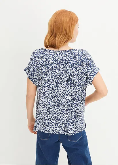 Bonprix Gemustertes Shirt Aus Viskose Mit V-Ausschnitt - Blau