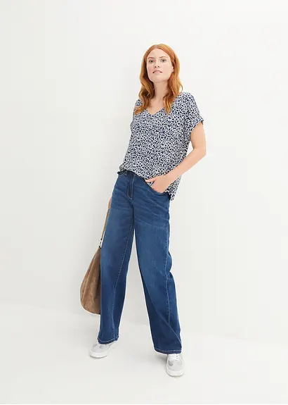 Bonprix Gemustertes Shirt Aus Viskose Mit V-Ausschnitt - Blau