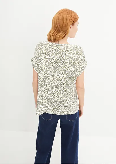 Bonprix Gemustertes Shirt Aus Viskose Mit V-Ausschnitt - Weiß