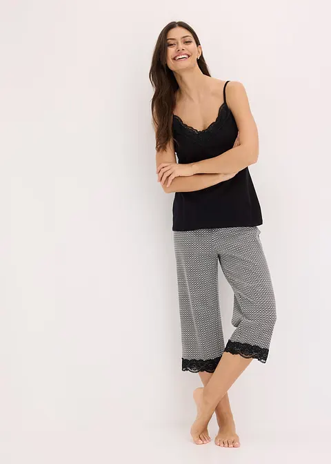 Bonprix Gemütlicher Capri Pyjama Mit Femininer Spitze Und Schönem Druck