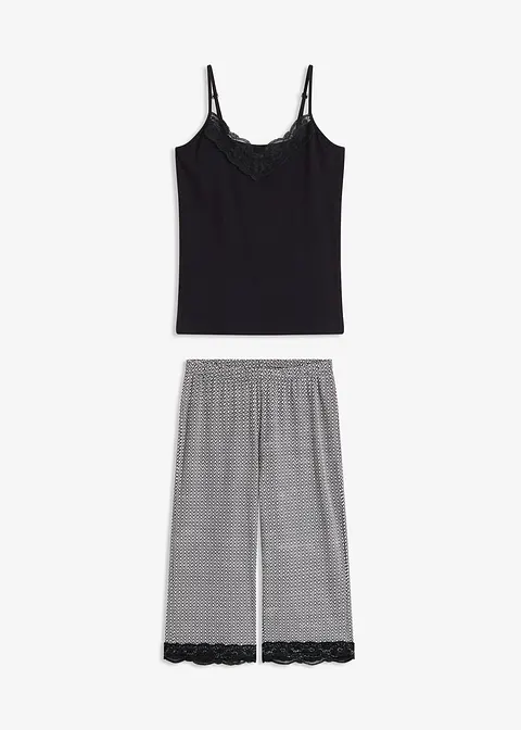 bonprix Gemütlicher Capri Pyjama mit femininer Spitze und schönem Druck