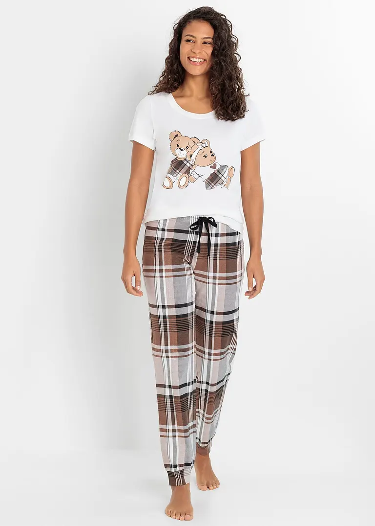 Bonprix Gemütlicher Pyjama Aus Baumwolle - Weiß/maronenbraun Kariert