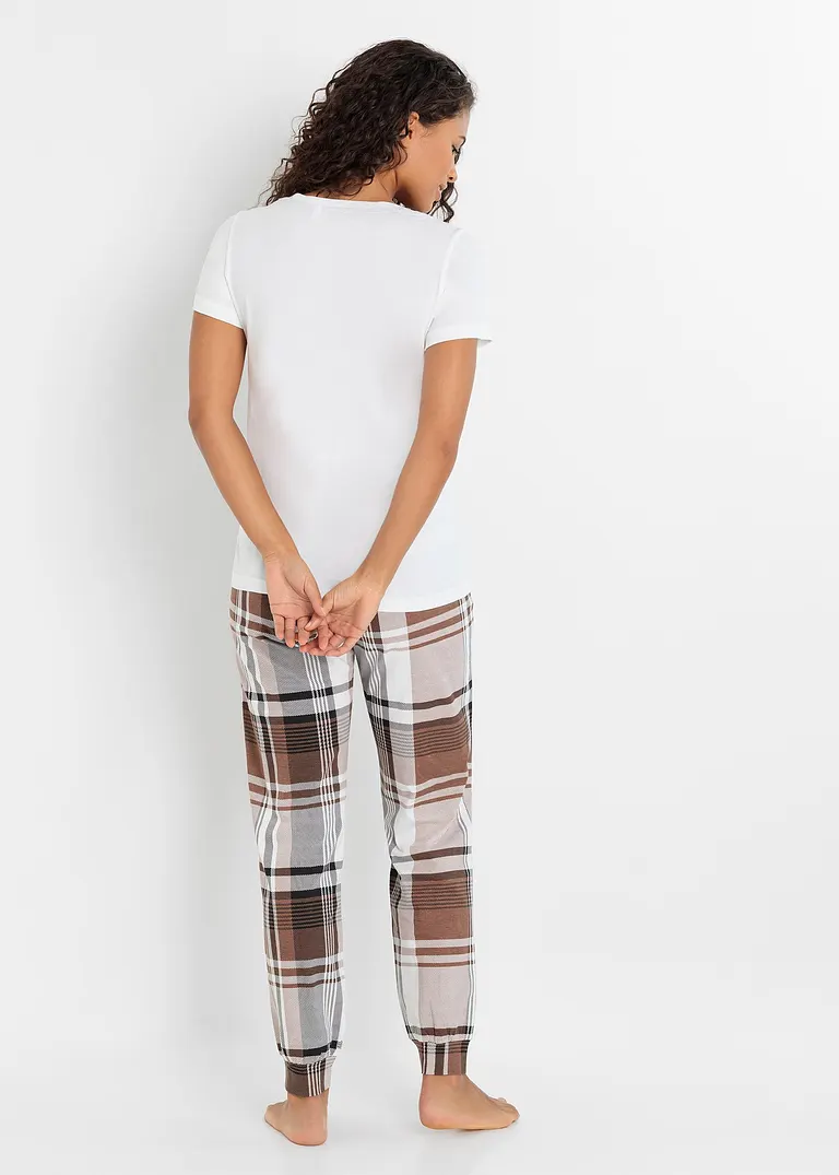 Bonprix Gemütlicher Pyjama Aus Baumwolle - Weiß/maronenbraun Kariert