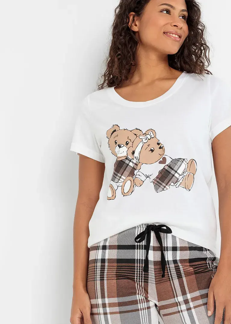 Bonprix Gemütlicher Pyjama Aus Baumwolle - Weiß/maronenbraun Kariert