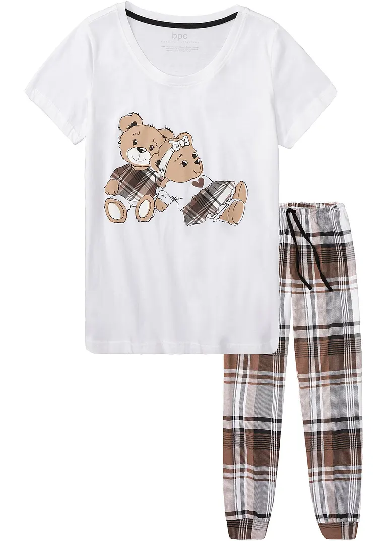 bonprix gemütlicher Pyjama aus Baumwolle - weiß/maronenbraun kariert