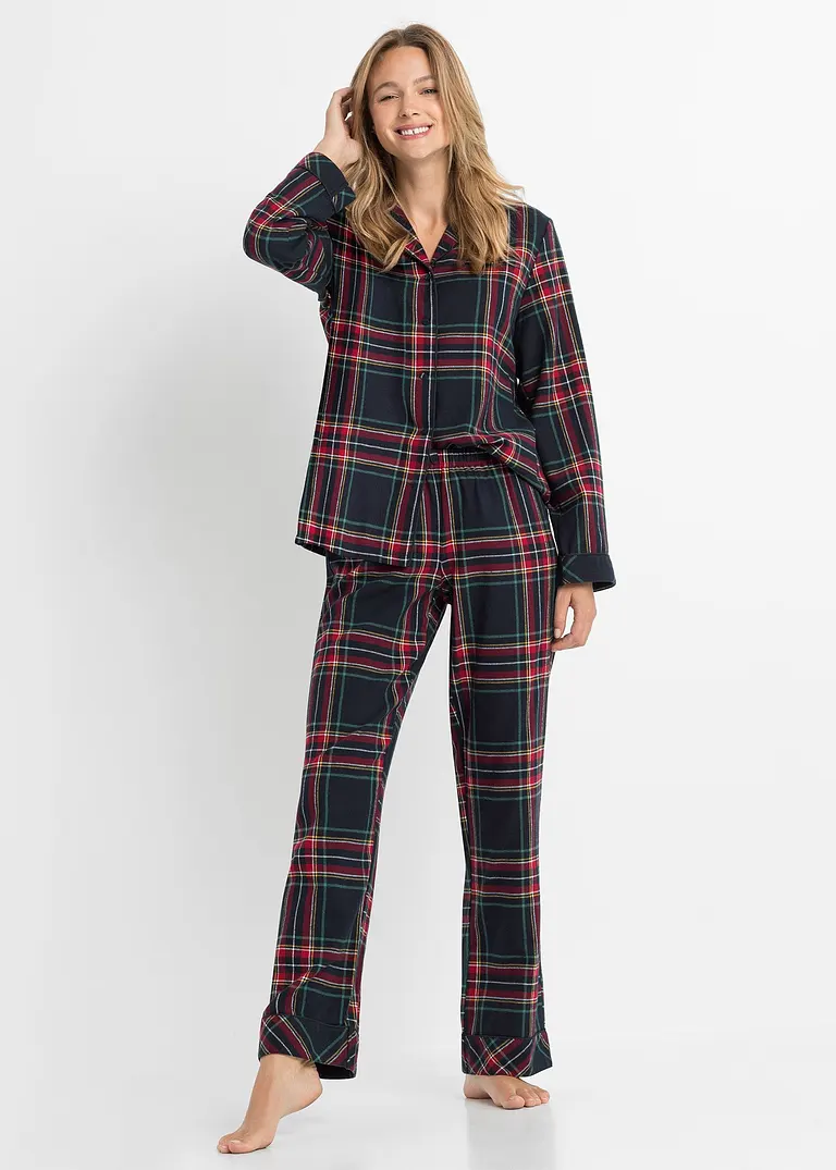 Bonprix Gemütlicher Schlafanzug Aus Weichem Flanell - Dunkelblau Kariert