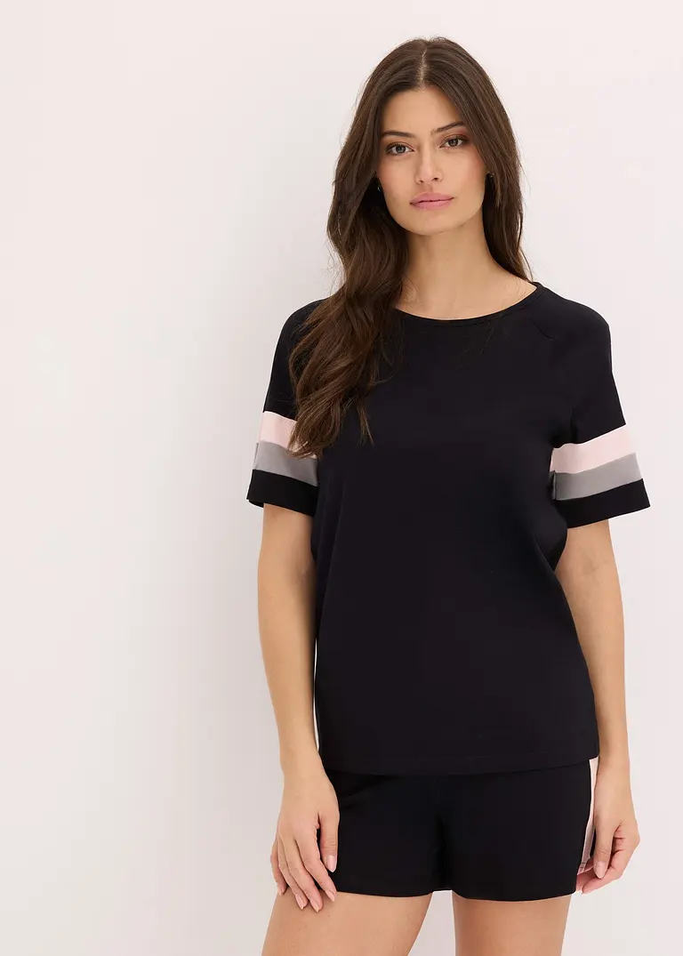 Bonprix Gemütlicher Shorty Mit Streifen Aus 100% Baumwolle - Schwarz