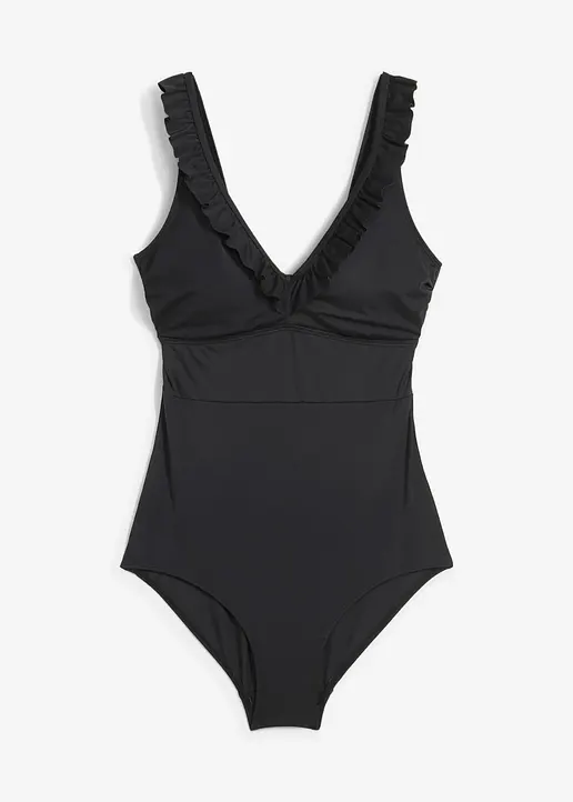 bonprix Gepflegter Badeanzug mit Volants - schwarz - Damen