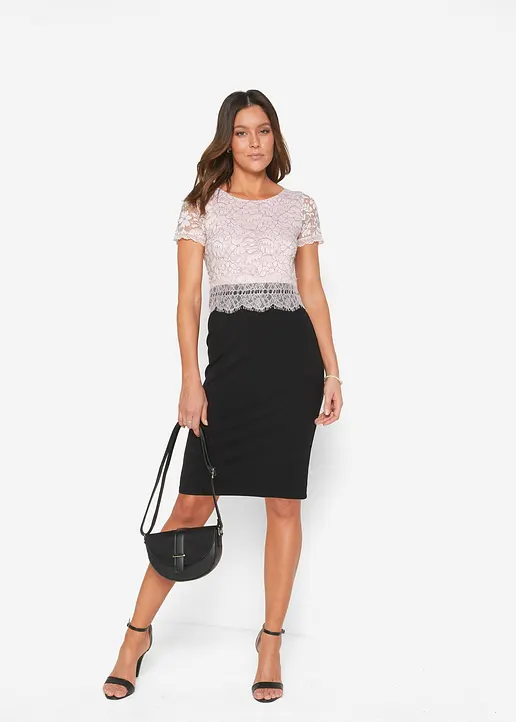 Bonprix Gepflegtes Kleid Mit Eleganter Spitze - Schwarz Petite