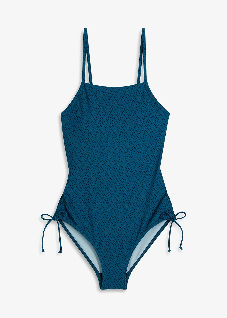 bonprix Gepunkteter Badeanzug mit seitlicher Raffung - blau