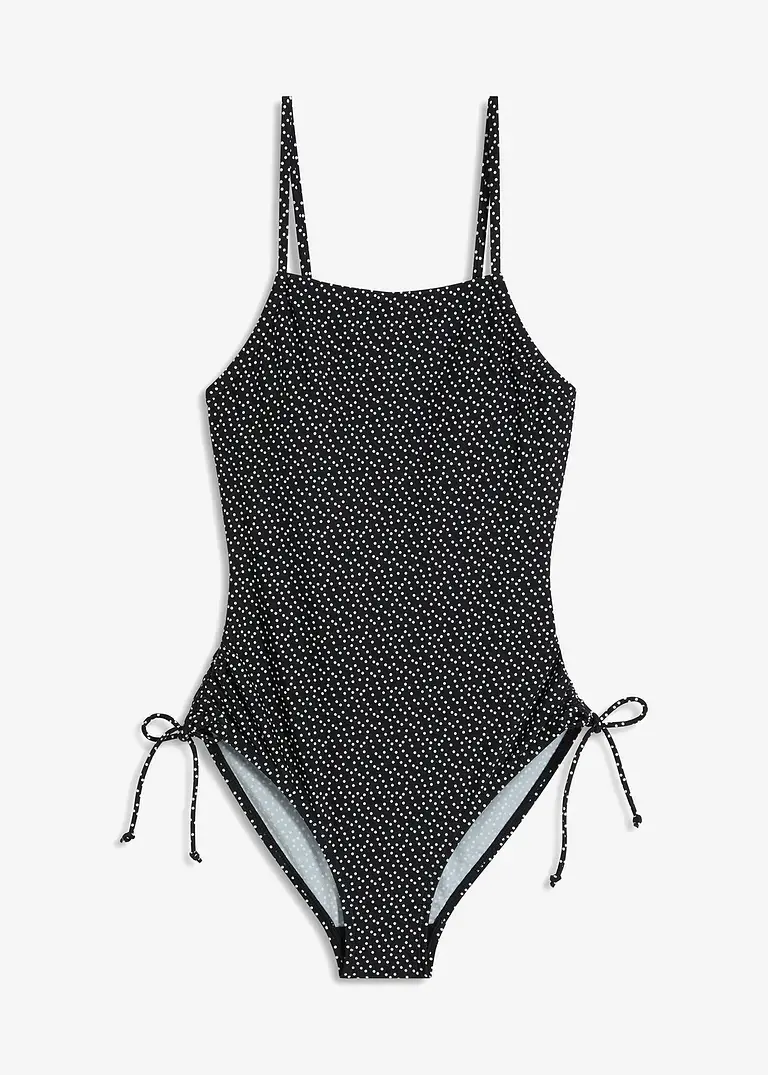 bonprix Gepunkteter Badeanzug mit seitlicher Raffung - schwarz