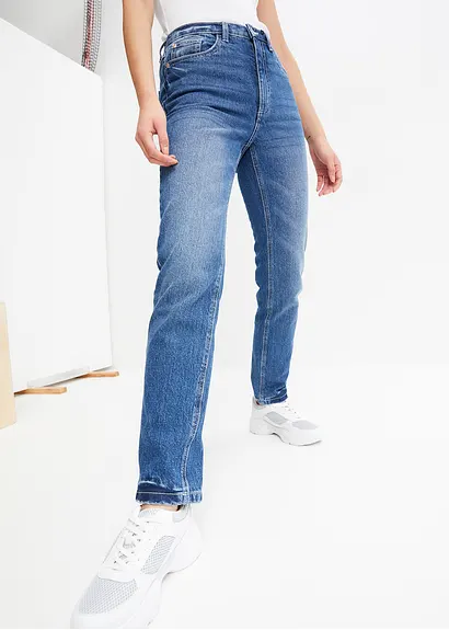 Bonprix Gerade Jeans Mit Hohem Bund Aus Einem Festen Baumwolldenim Der Sich Zunächst Etwas Steif Anfühlt Und Durch Häufiges Tragen Weicher Und Lockerer Wird