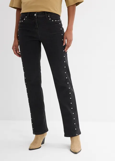 Bonprix Gerade Jeans Mit Stretch Und Nieten - Schwarz Regular