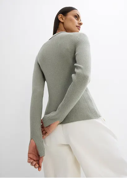 Bonprix Gerippte Feinstrickjacke In Schmaler Passform Mit Einem Spitzen Kragen Farblich Passenden Knöpfen Und Breiten Geschlitzten Manschetten