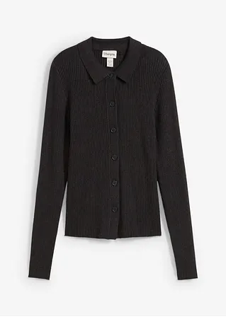 bonprix Gerippte Feinstrickjacke in schmaler Passform mit einem spitzen Kragen farblich passenden Knöpfen und breiten geschlitzten Manschetten