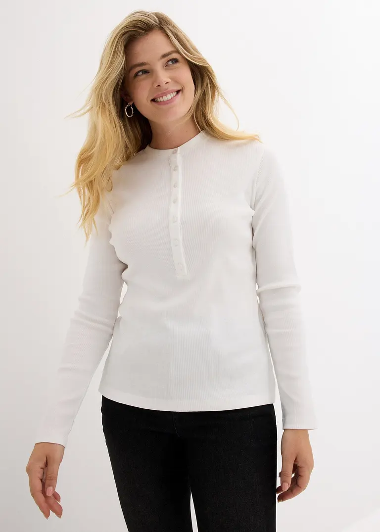 Bonprix Geripptes Henleyshirt Aus Weich Fallender Baumwolle - Weiß