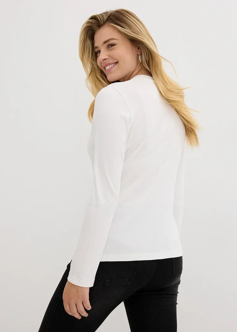 Bonprix Geripptes Henleyshirt Aus Weich Fallender Baumwolle - Weiß
