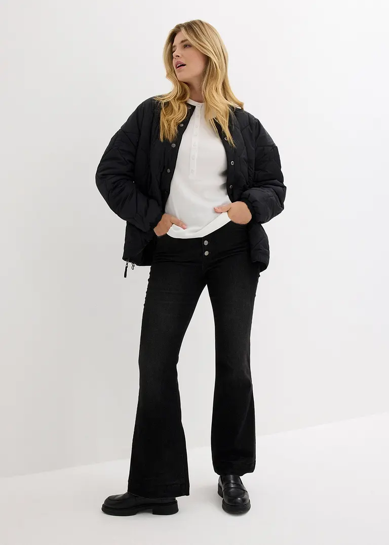 Bonprix Geripptes Henleyshirt Aus Weich Fallender Baumwolle - Weiß