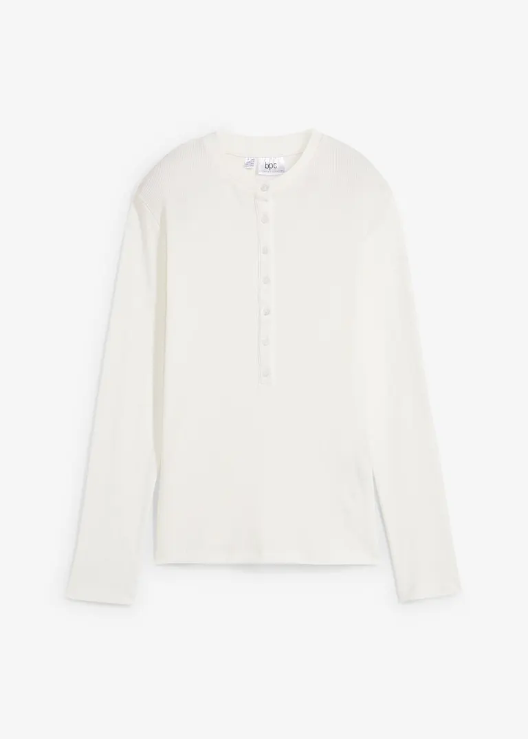 bonprix Geripptes Henleyshirt aus weich fallender Baumwolle - weiß