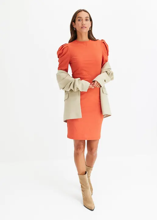 Bonprix Geripptes Jerseykleid Mit Voluminösen Ärmeln. - Rot