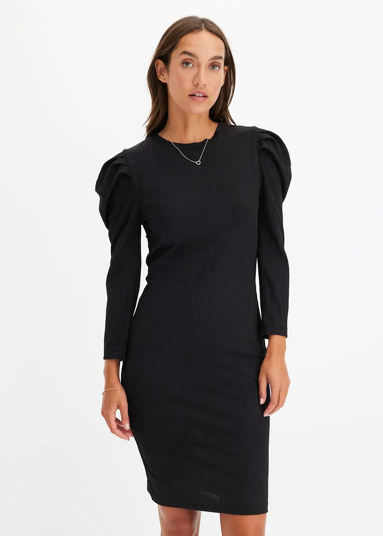 Bonprix Geripptes Jerseykleid Mit Voluminösen Ärmeln. - Schwarz