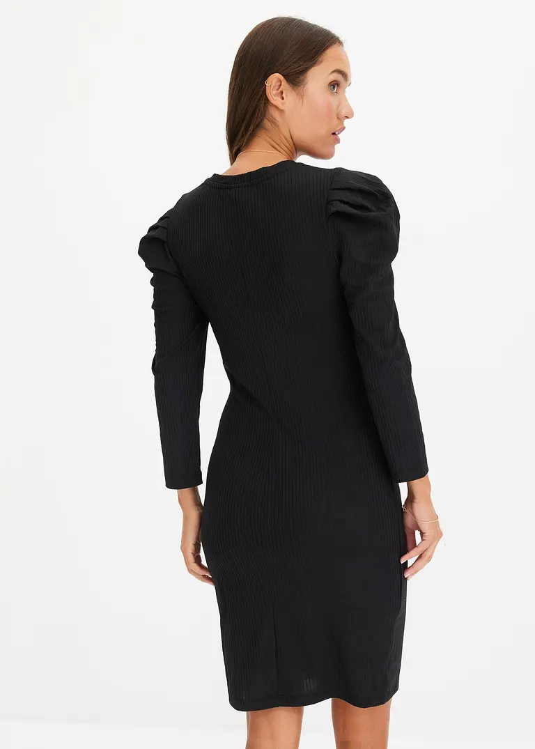 Bonprix Geripptes Jerseykleid Mit Voluminösen Ärmeln. - Schwarz