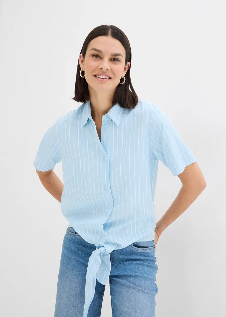 Bonprix Gestreifte Kurzarmbluse Aus Fließender Viskose - Blau