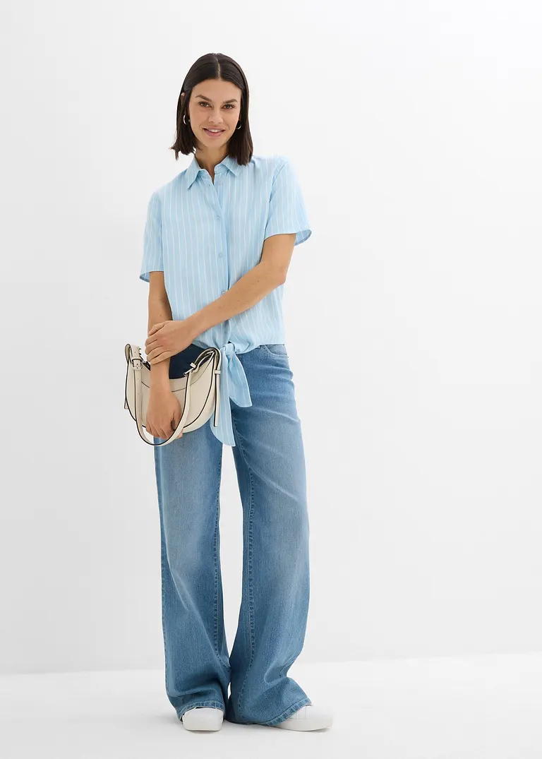 Bonprix Gestreifte Kurzarmbluse Aus Fließender Viskose - Blau